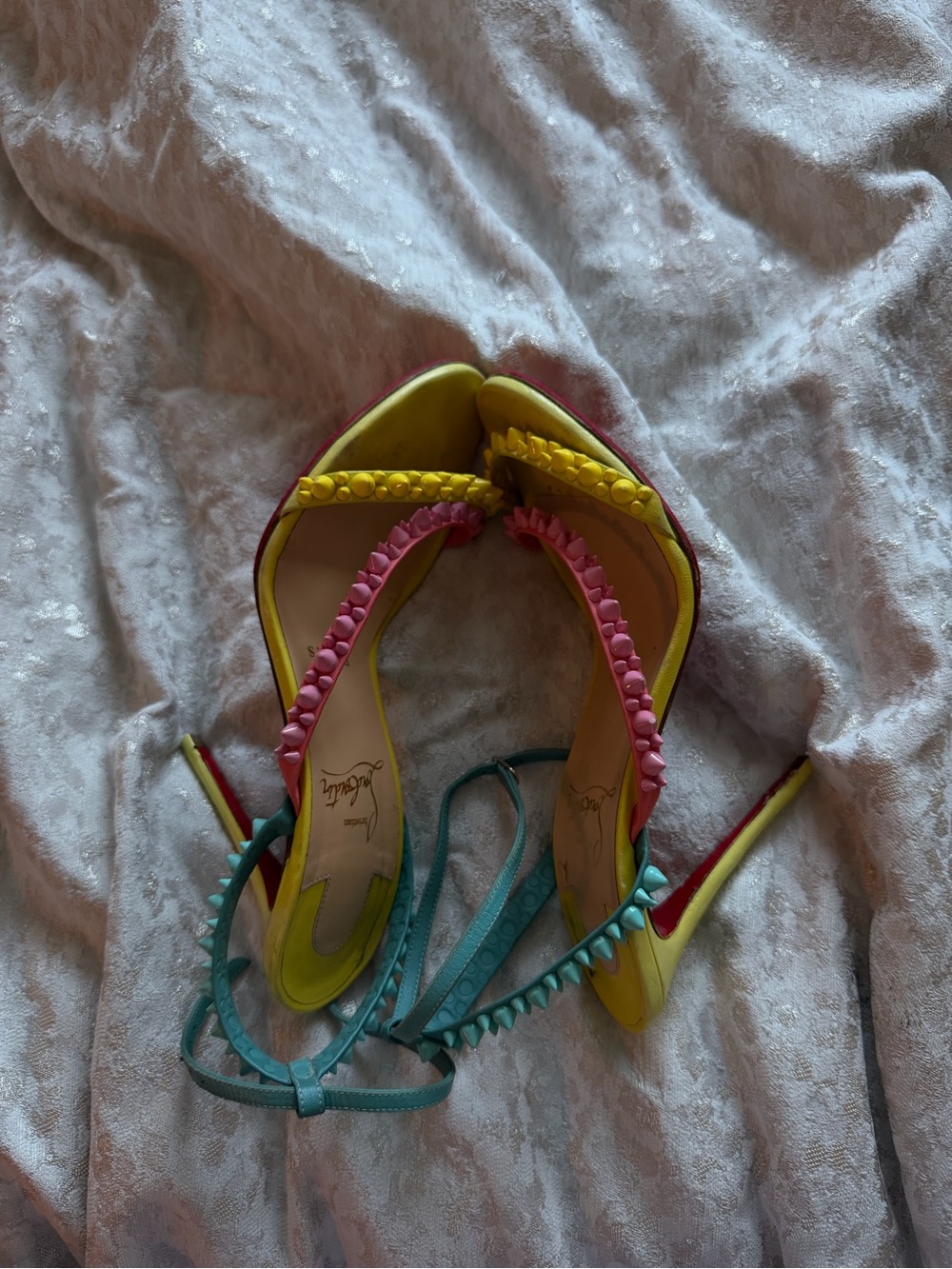 Christian Louboutin “Malfadina” - Yellow, Pink & Teal spiked sandal heels